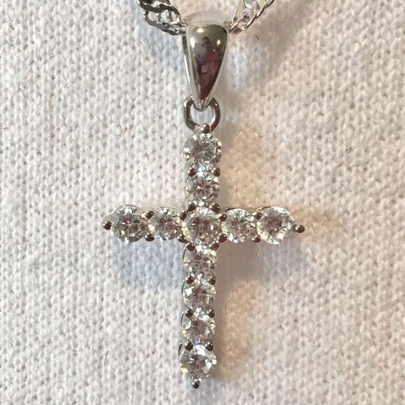 Cross Necklace Sterling Silver Cubic Zirconia Pendant 925 17in Twist Chain - Picture 5 of 14